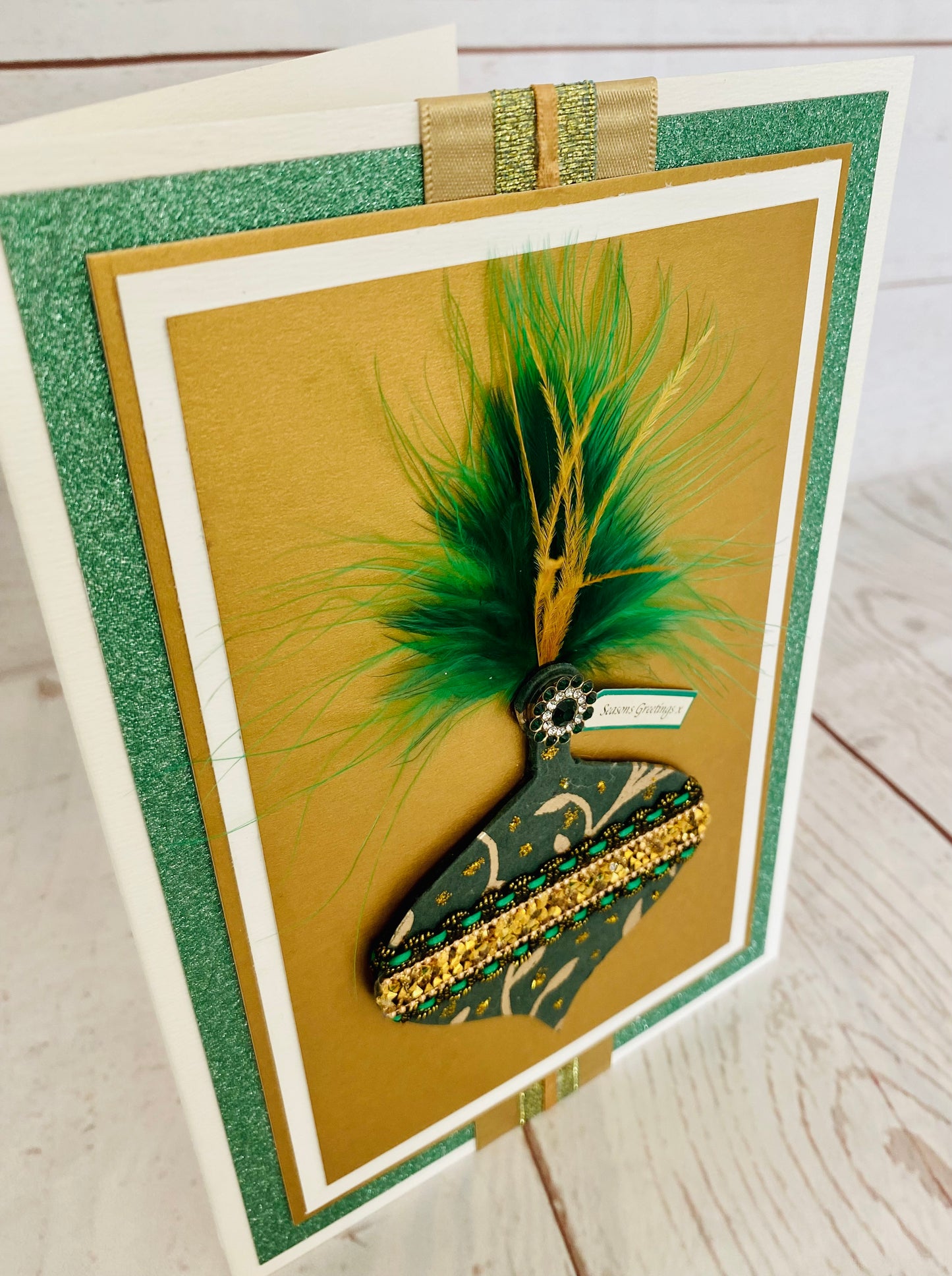 Luxury Emerald Feather Bauble Handmade Christmas Card
