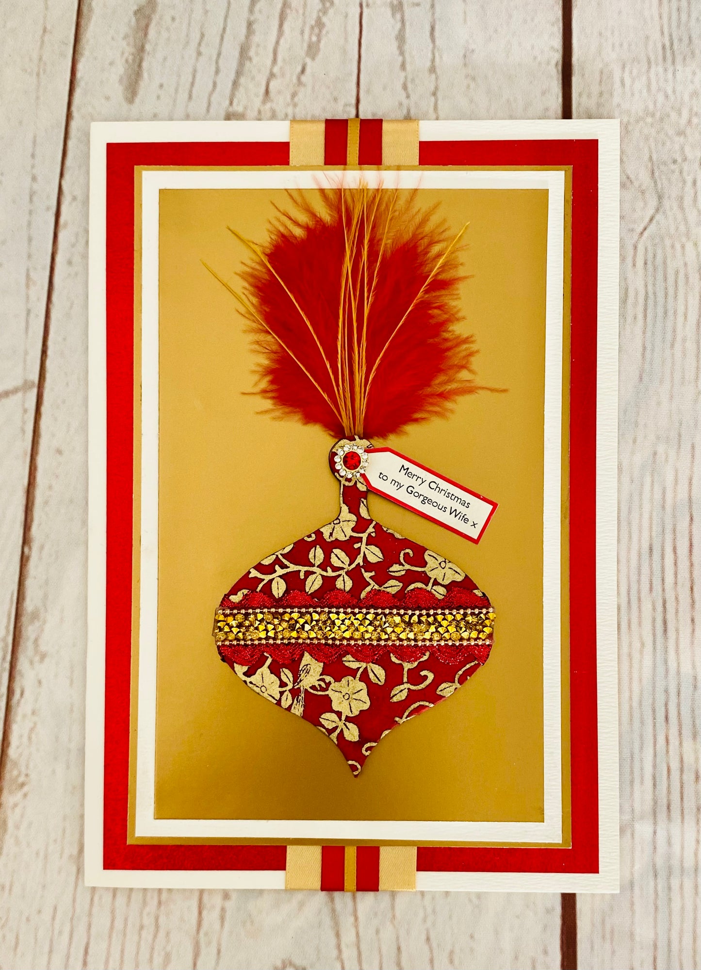 Luxury Ruby Feather Bauble Handmade Christmas Card