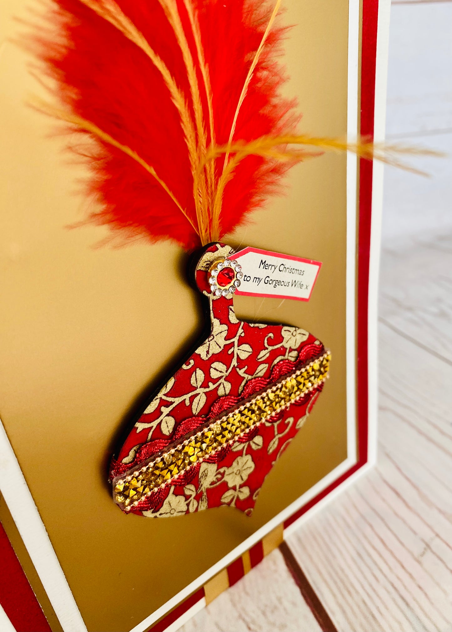 Luxury Ruby Feather Bauble Handmade Christmas Card