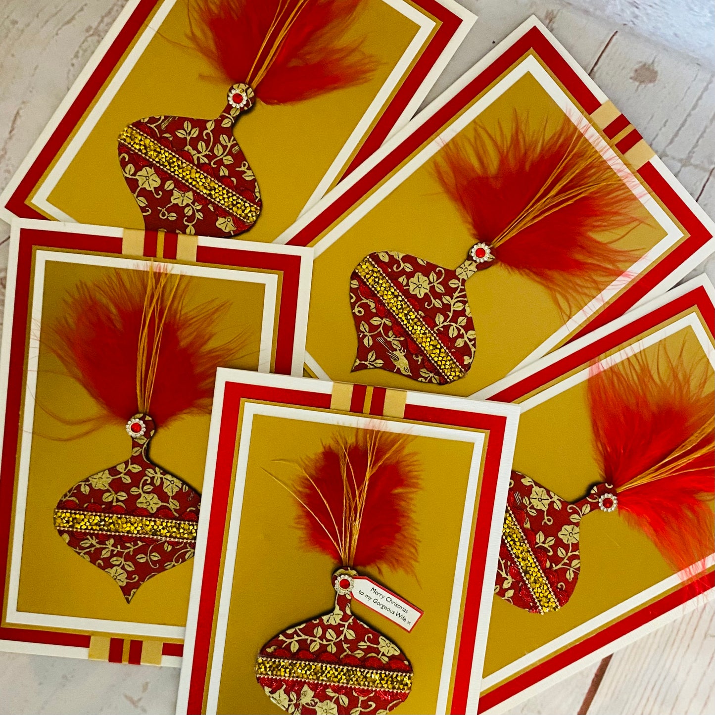 Luxury Ruby Feather Bauble Handmade Christmas Card