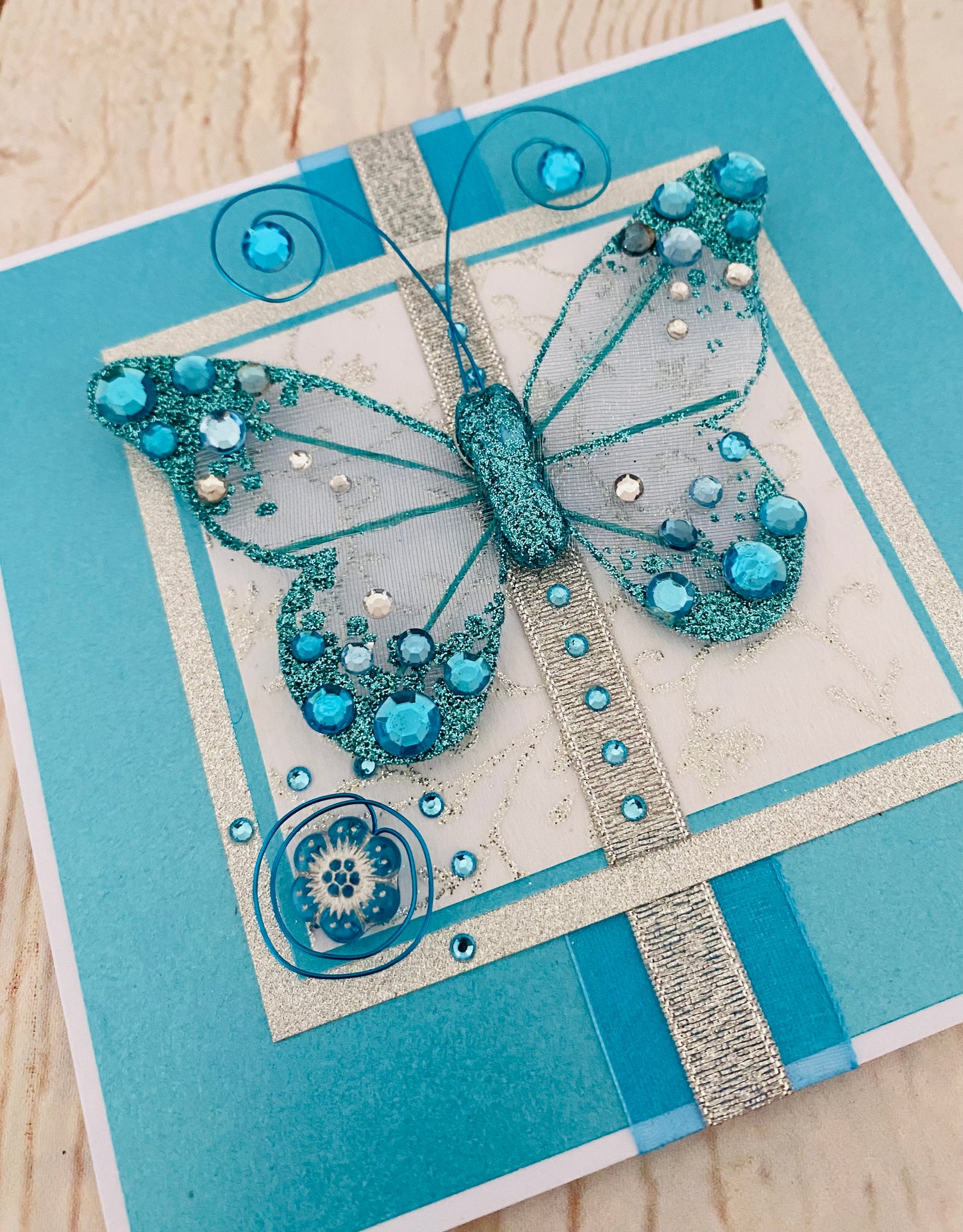 Luxury Turquoise Blue Butterfly Handmade Card