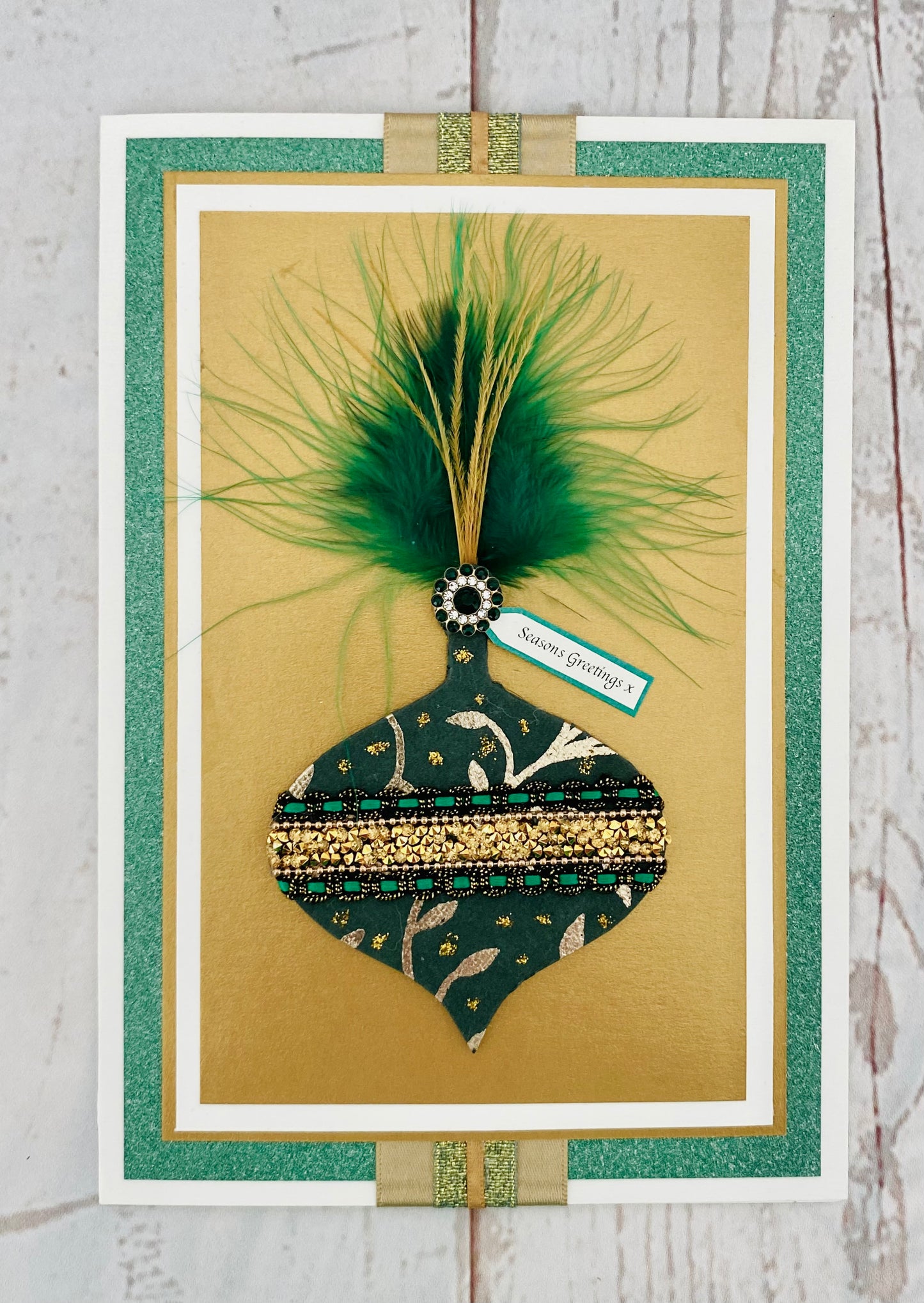 Luxury Emerald Feather Bauble Handmade Christmas Card