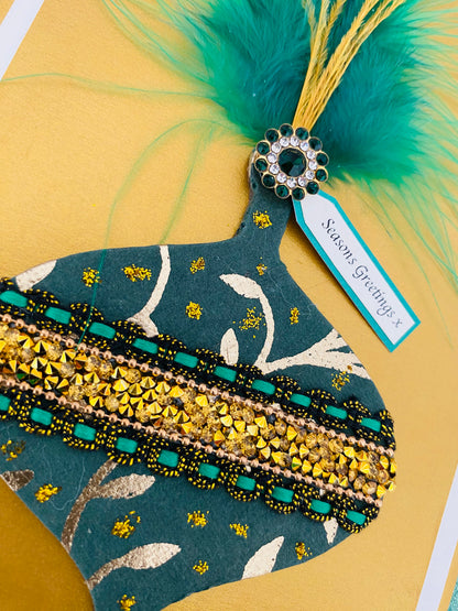 Luxury Emerald Feather Bauble Handmade Christmas Card