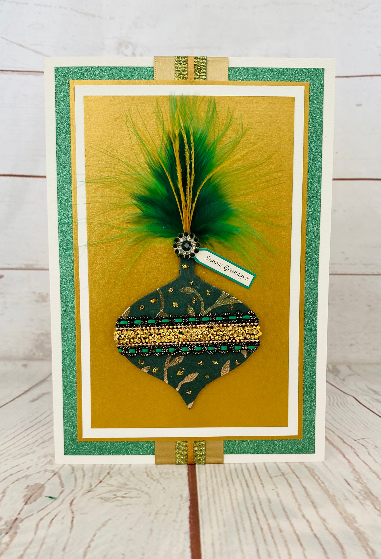 Luxury Emerald Feather Bauble Handmade Christmas Card