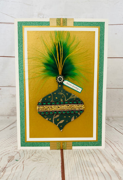 Luxury Emerald Feather Bauble Handmade Christmas Card