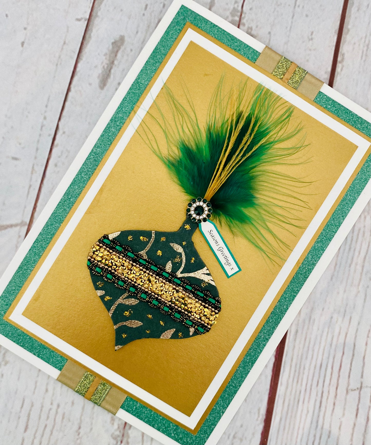 Luxury Emerald Feather Bauble Handmade Christmas Card