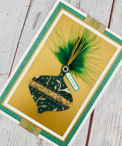 Luxury Emerald Feather Bauble Handmade Christmas Card