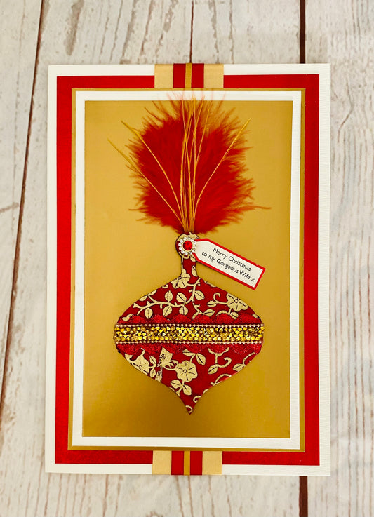 Luxury Ruby Feather Bauble Handmade Christmas Card