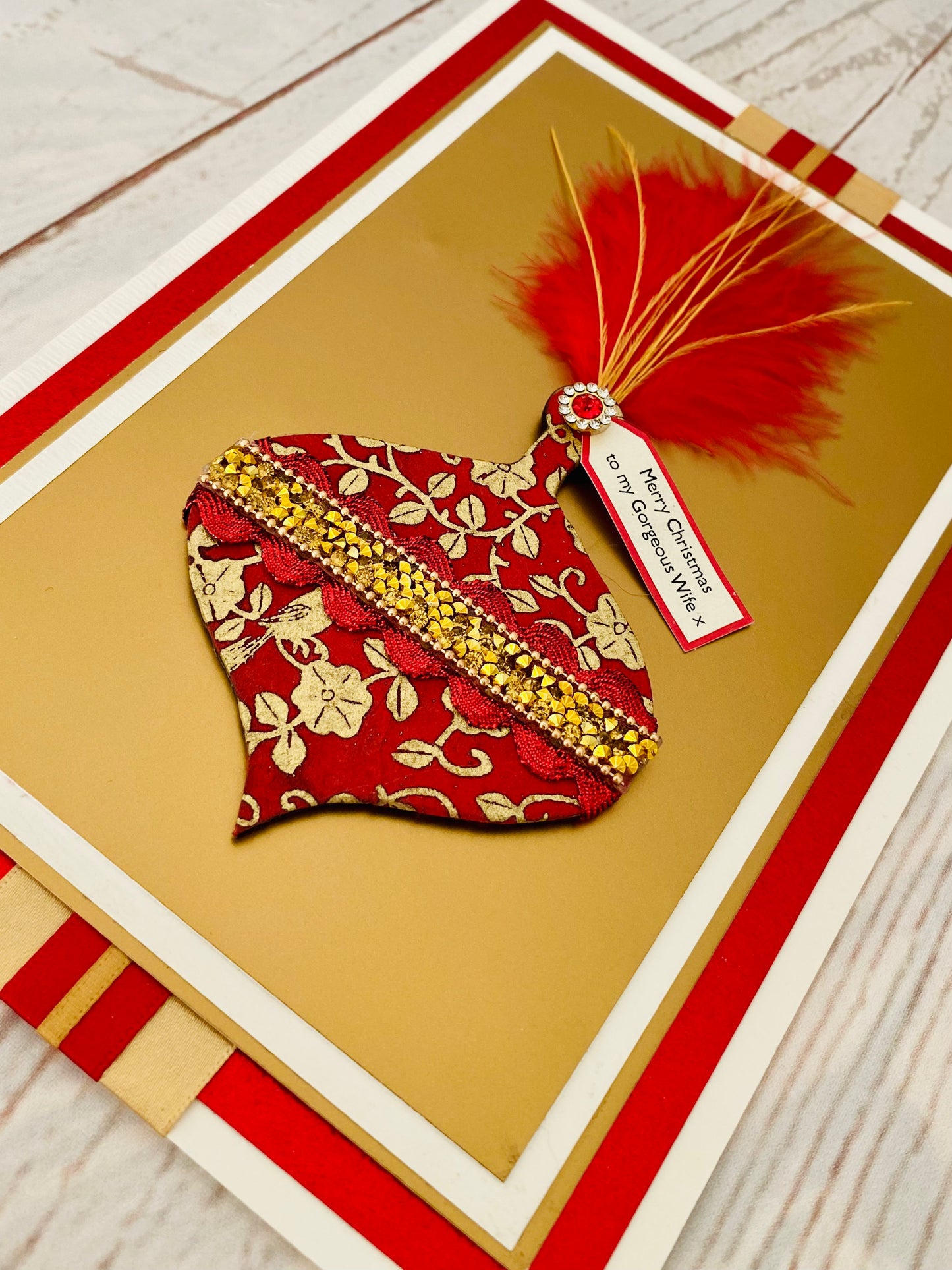 Luxury Ruby Feather Bauble Handmade Christmas Card