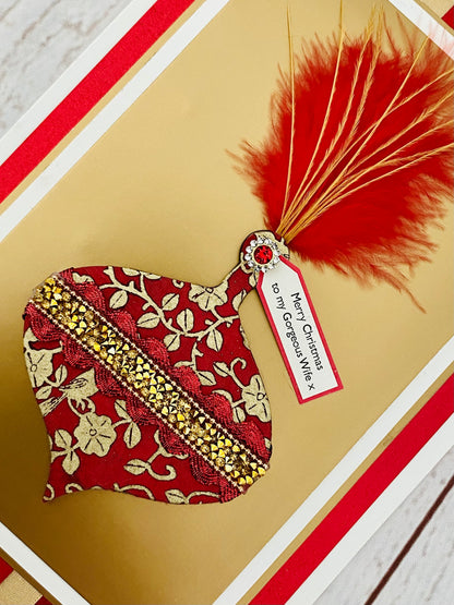 Luxury Ruby Feather Bauble Handmade Christmas Card