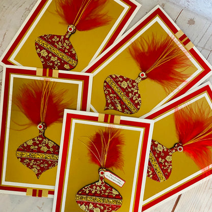 Luxury Ruby Feather Bauble Handmade Christmas Card