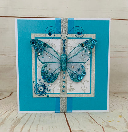 Luxury Turquoise Blue Butterfly Handmade Card