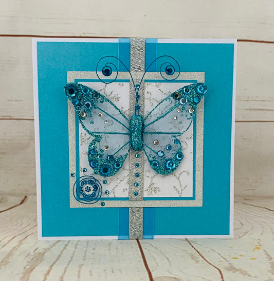 Luxury Turquoise Blue Butterfly Handmade Card
