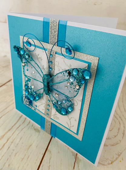 Luxury Turquoise Blue Butterfly Handmade Card