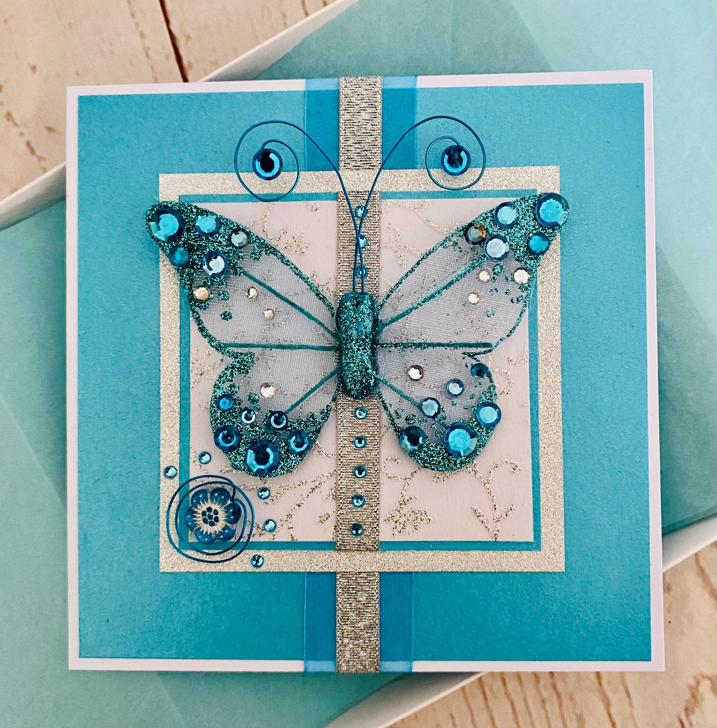 Luxury Turquoise Blue Butterfly Handmade Card
