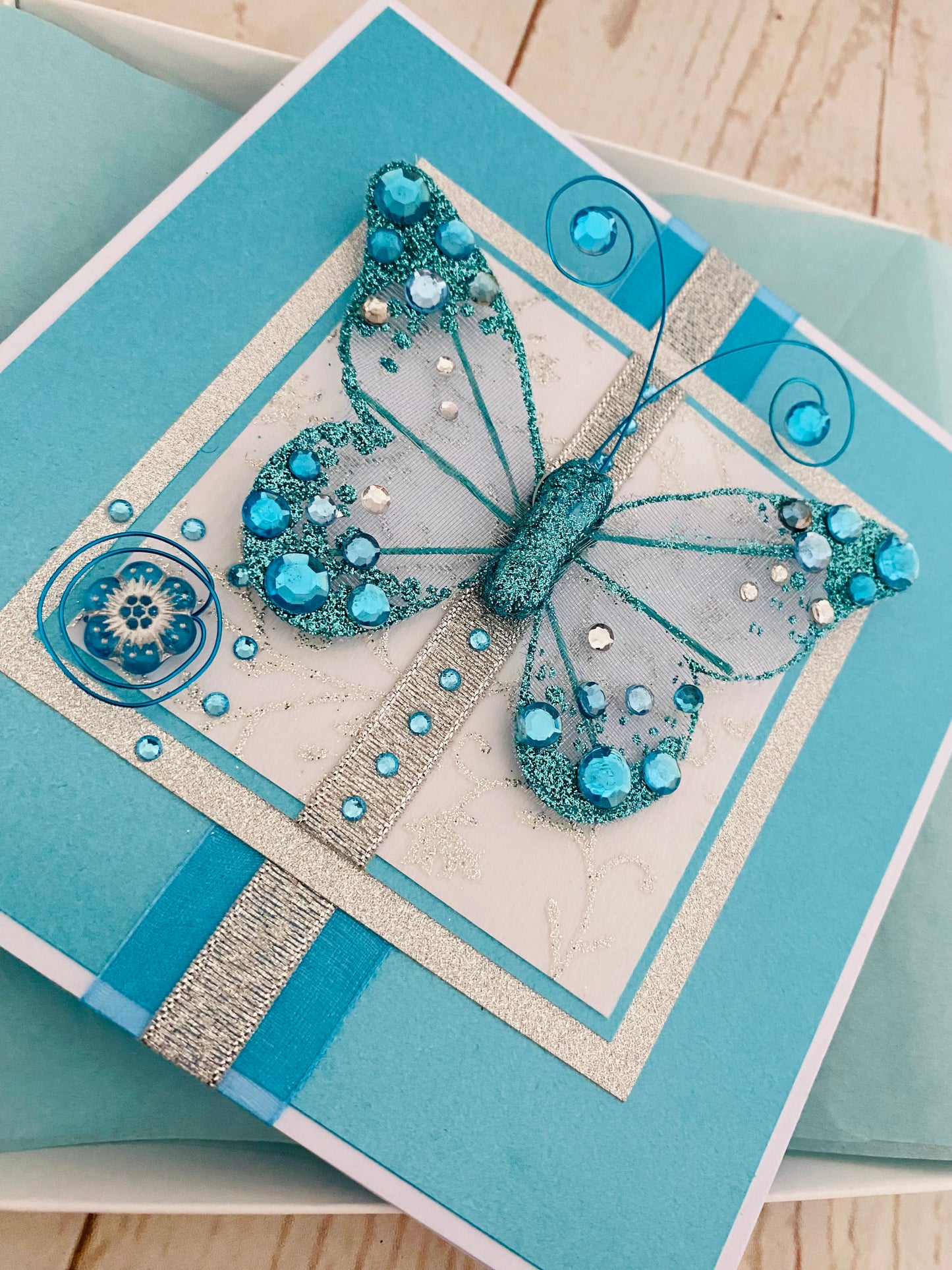 Luxury Turquoise Blue Butterfly Handmade Card